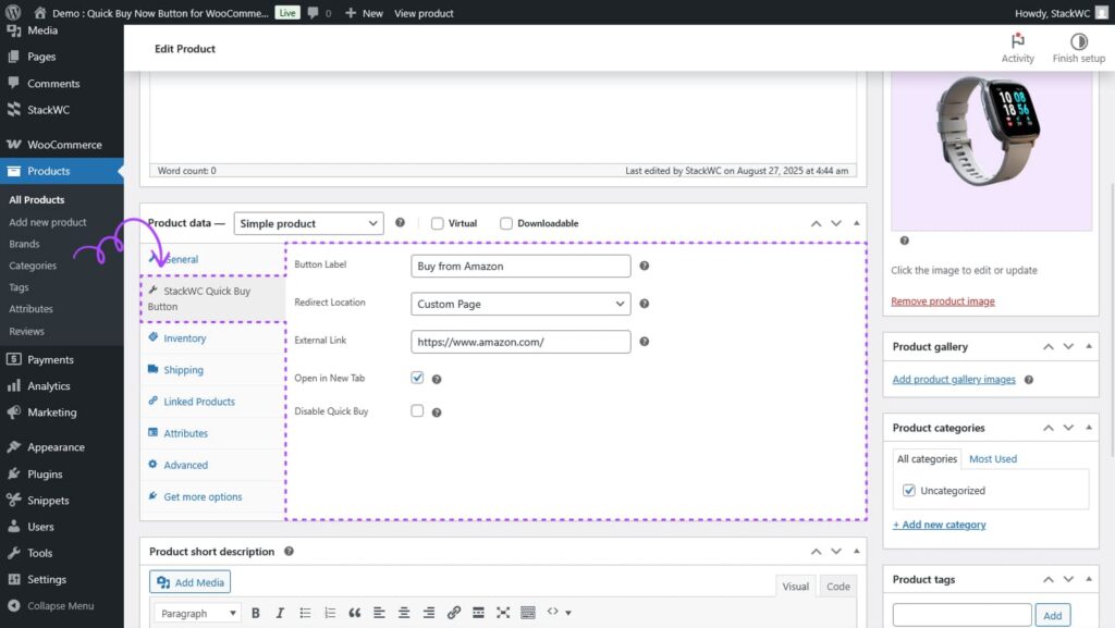 WooCommerce product edit page showing StackWC Quick Buy Now Button tab
