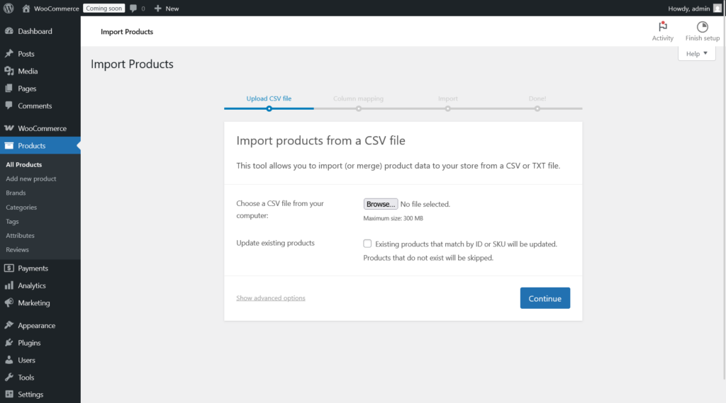 WooCommerce product import CSV upload screen with file selection options