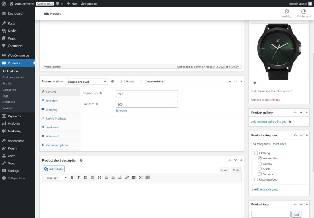 WooCommerce product data meta box showing pricing fields for regular and sale price