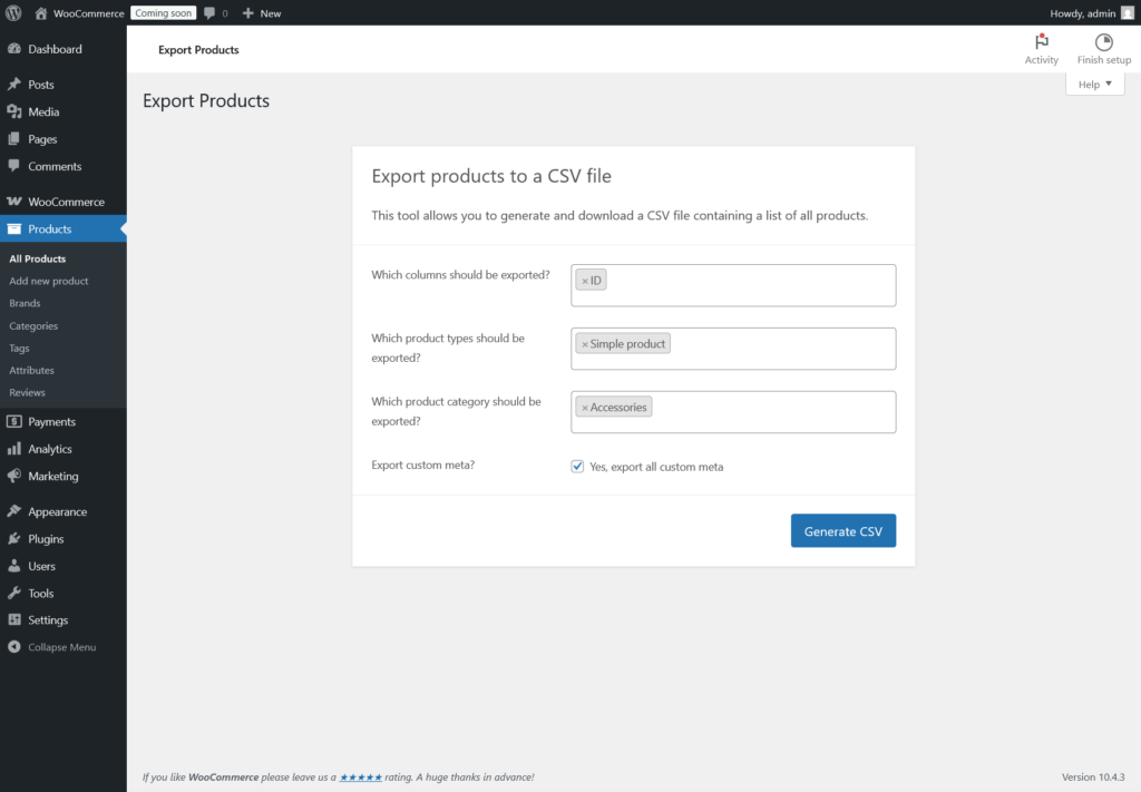 WooCommerce products CSV file generate with product details