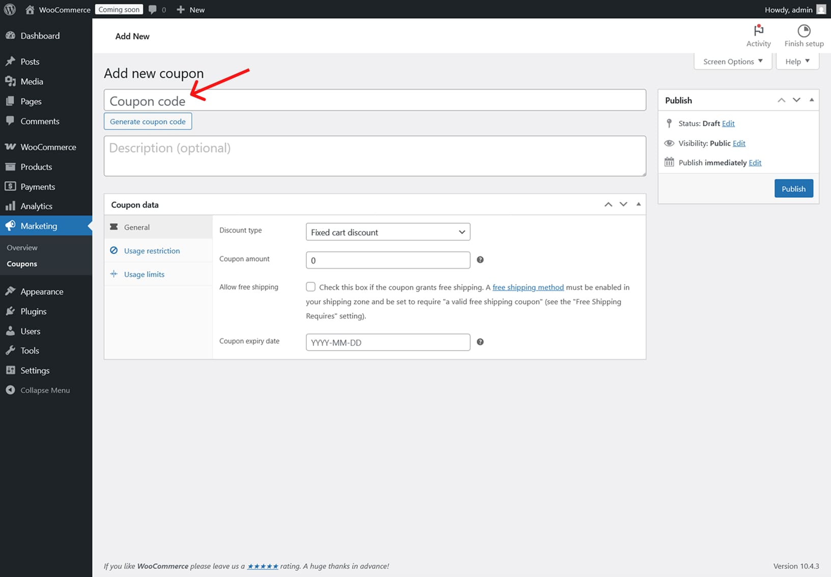 creating your first coupon code in woocommerce