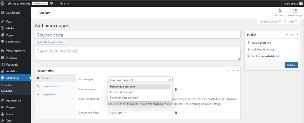 WooCommerce discount type dropdown menu with percentage, fixed cart, and fixed product options