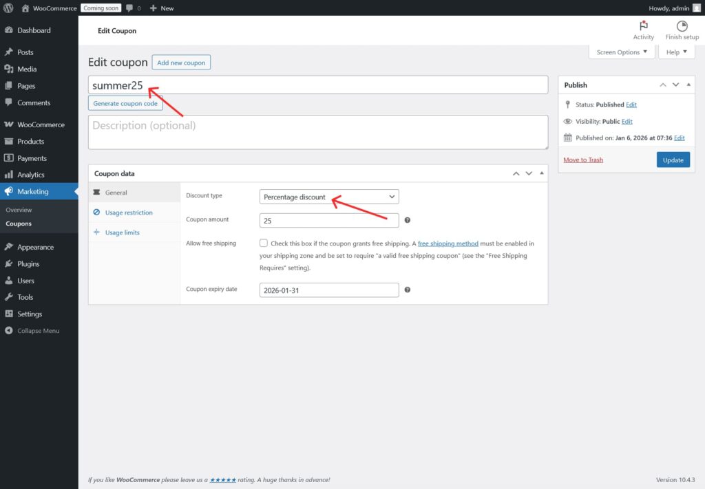 enter coupon name and discount