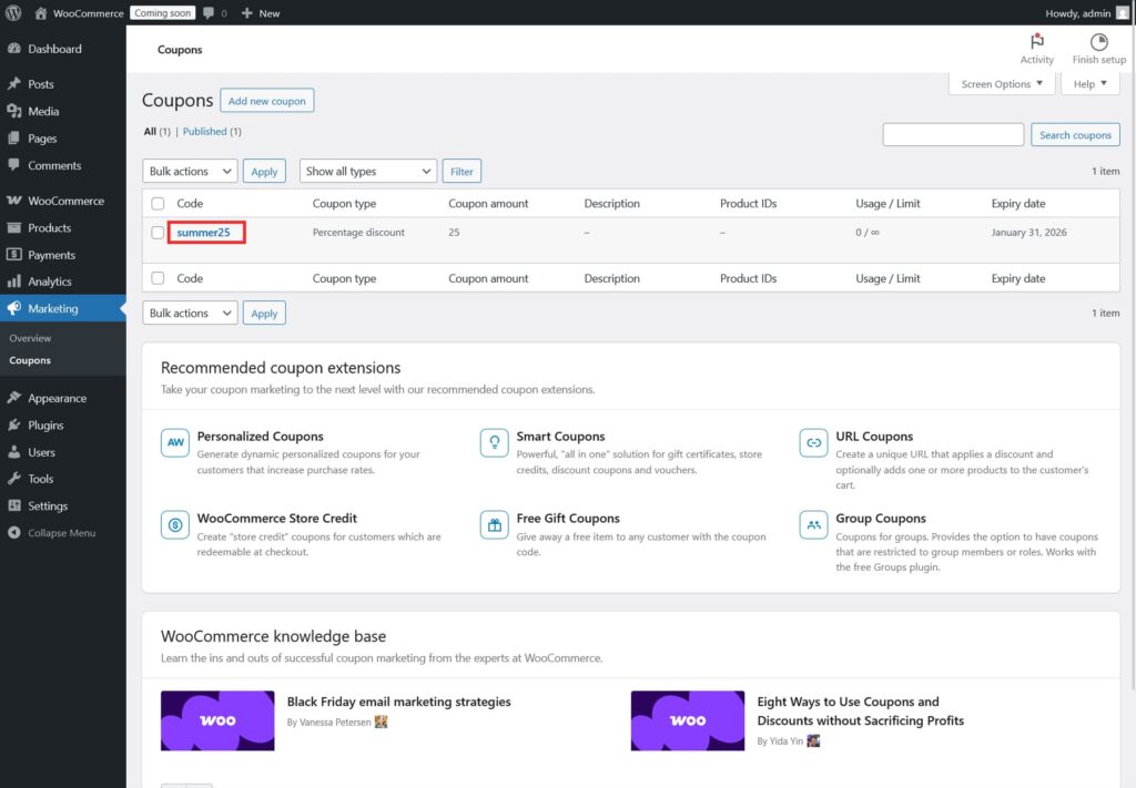 WooCommerce marketing dashboard showing active coupons with usage statistics and performance metrics