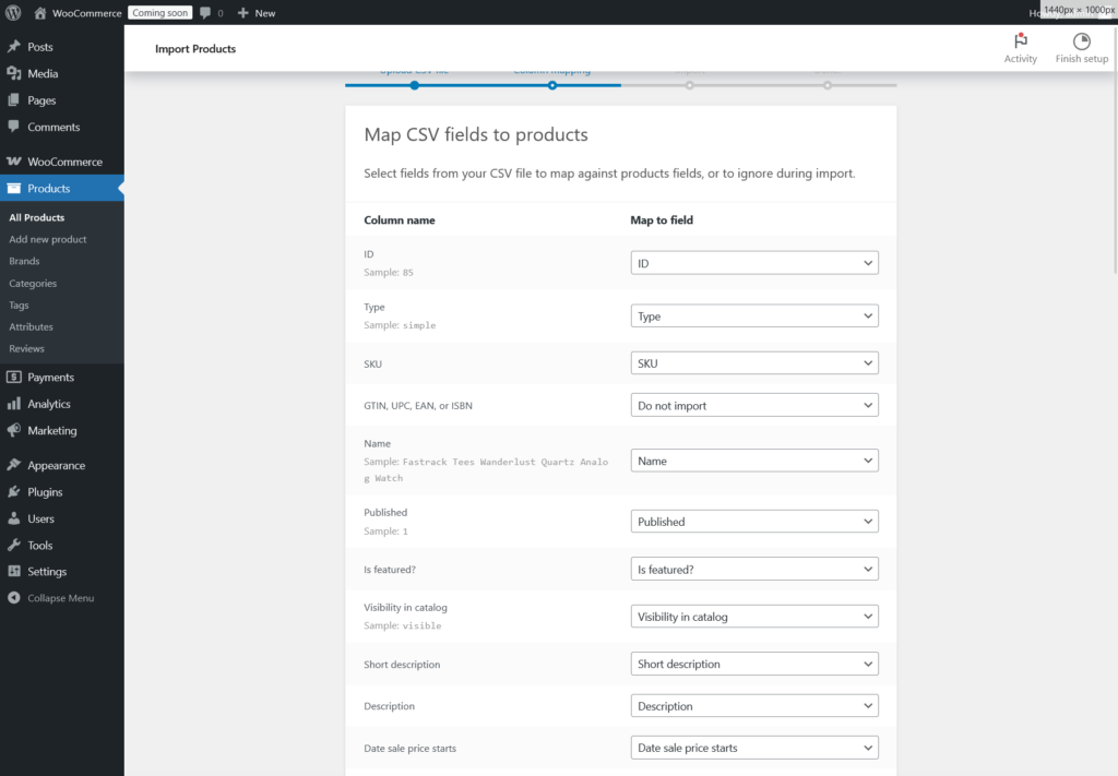 WooCommerce product import column mapping screen showing CSV headers matched to product fields

