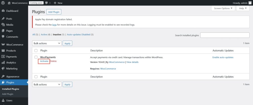 Activate WooPayments Plugin
