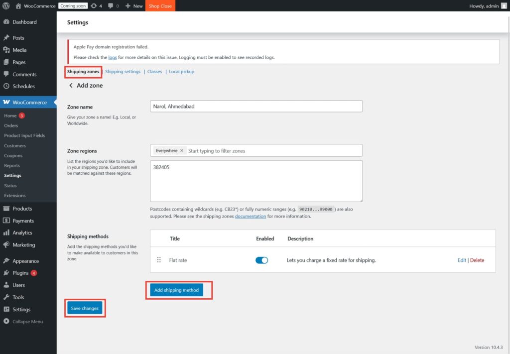 WooCommerce shipping zones and methods configuration dashboard