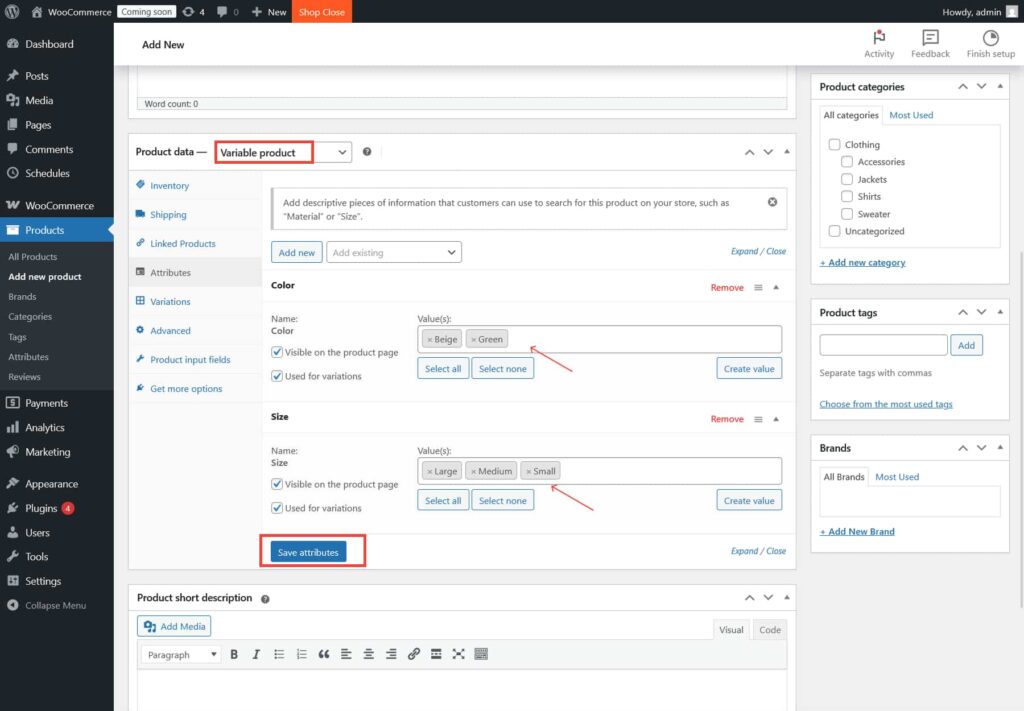 WooCommerce product edit screen showing Variable Product selected with Color and Size attributes