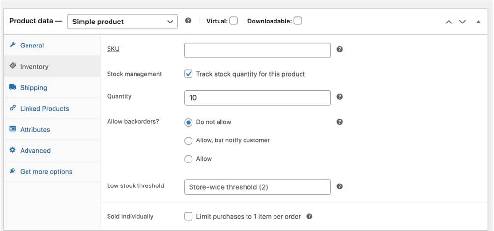 WooCommerce product data panel showing Inventory settings for a simple product