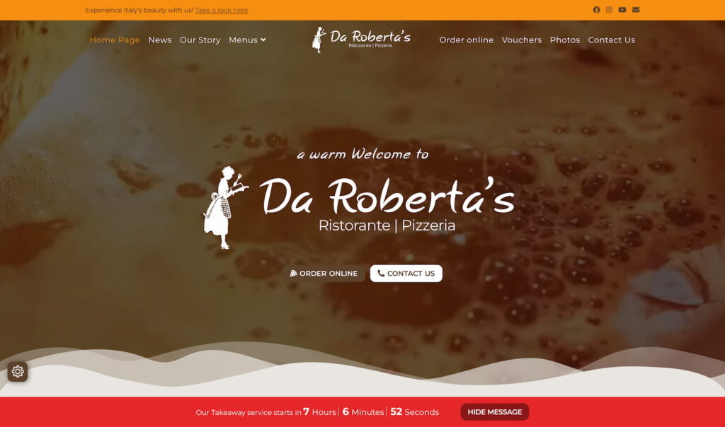 The Live Countdown Notice Bar shows open and close hours of online store Da Roberta's Ristorante & Pizzeria.