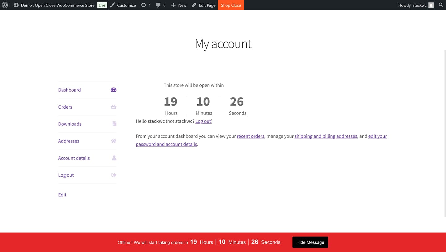 Countdown Timer Displays Store Reopening Time Directly On Customer My Account Page.