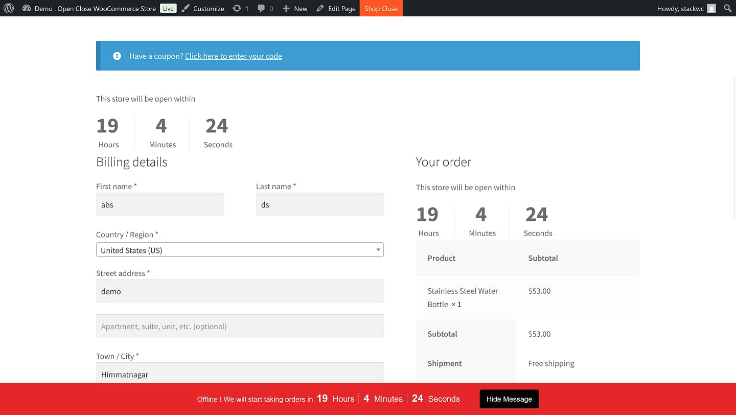 Countdown Timer Appears On Checkout Page Keeping Customers Informed Of Store Reopening Time.