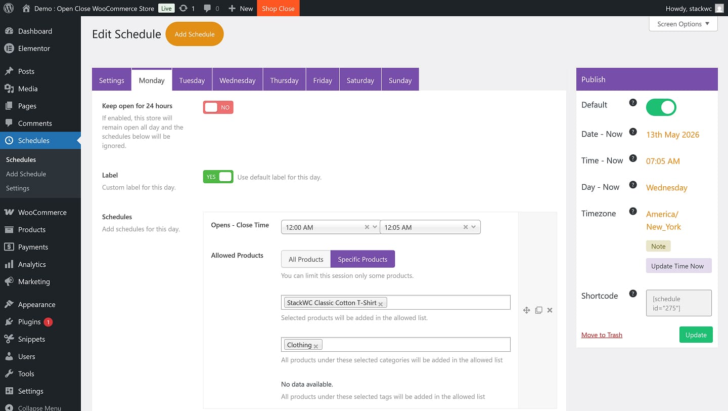 Create Store Schedules for Specific Products Categories and Selected WooCommerce Items Only