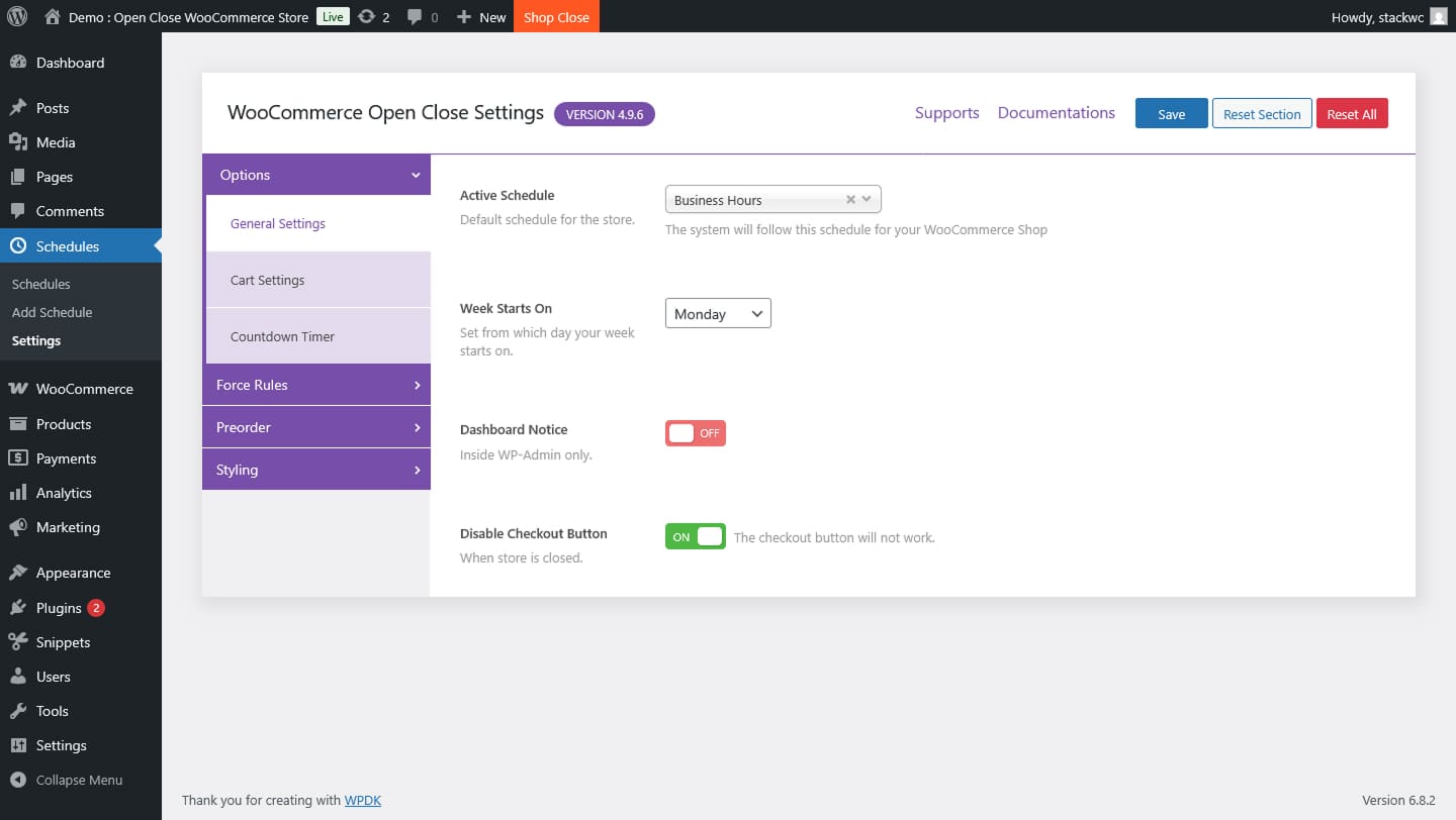 Configure General WooCommerce Store Opening Settings with Active Schedules Checkout Control and Dashboard Notices