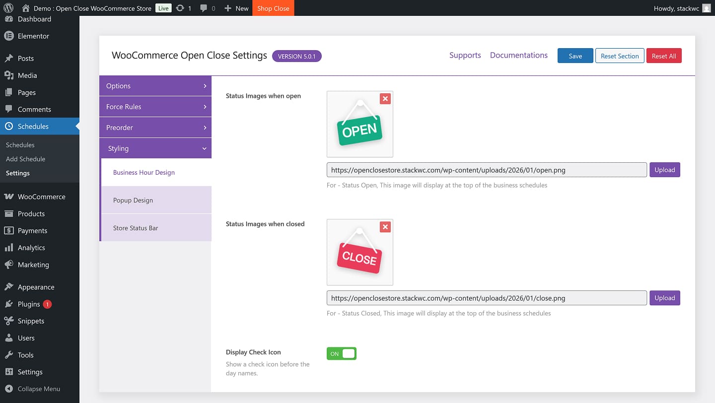Upload Custom Open And Closed Status Images To Display On Your Business Hours Schedule.