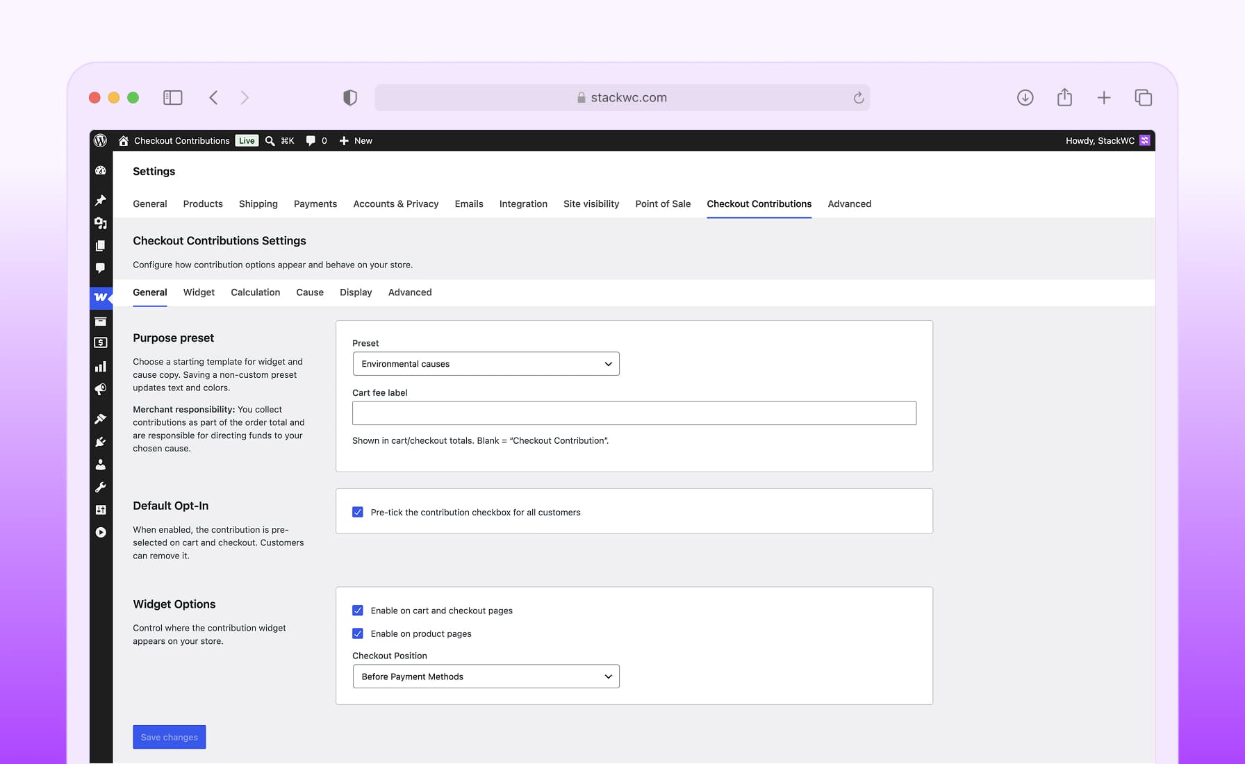 Configure contribution presets, opt-in behavior, widget locations, and checkout display settings.