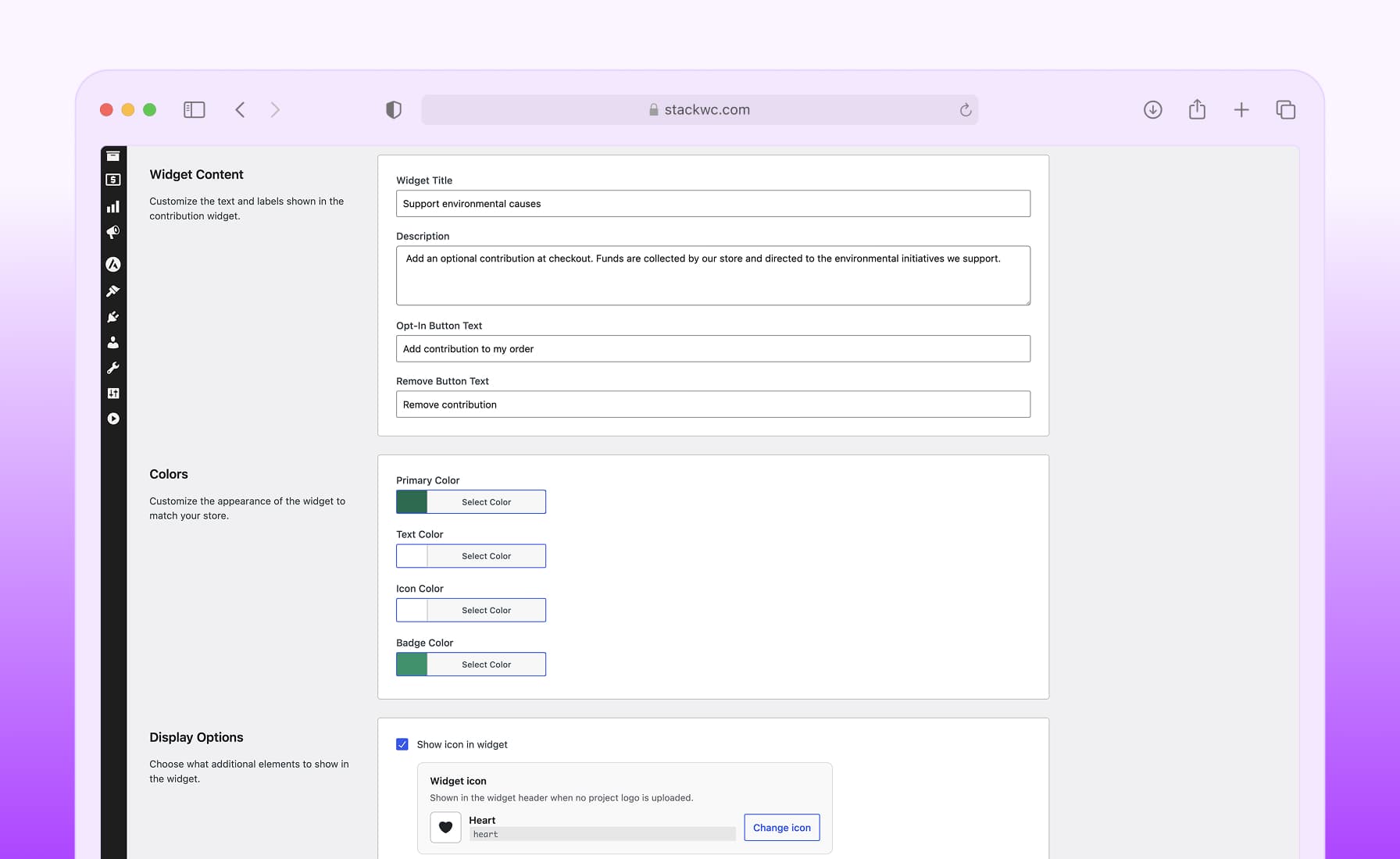 Customize widget content, colors, icons, and display settings to fit your brand.