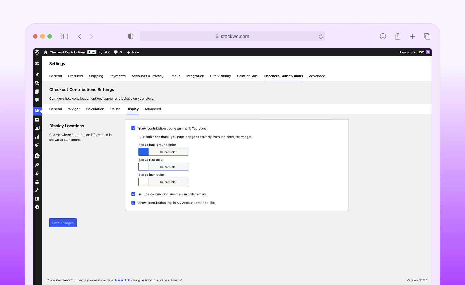 Show contribution badges and summaries on thank-you pages, emails, and customer accounts.