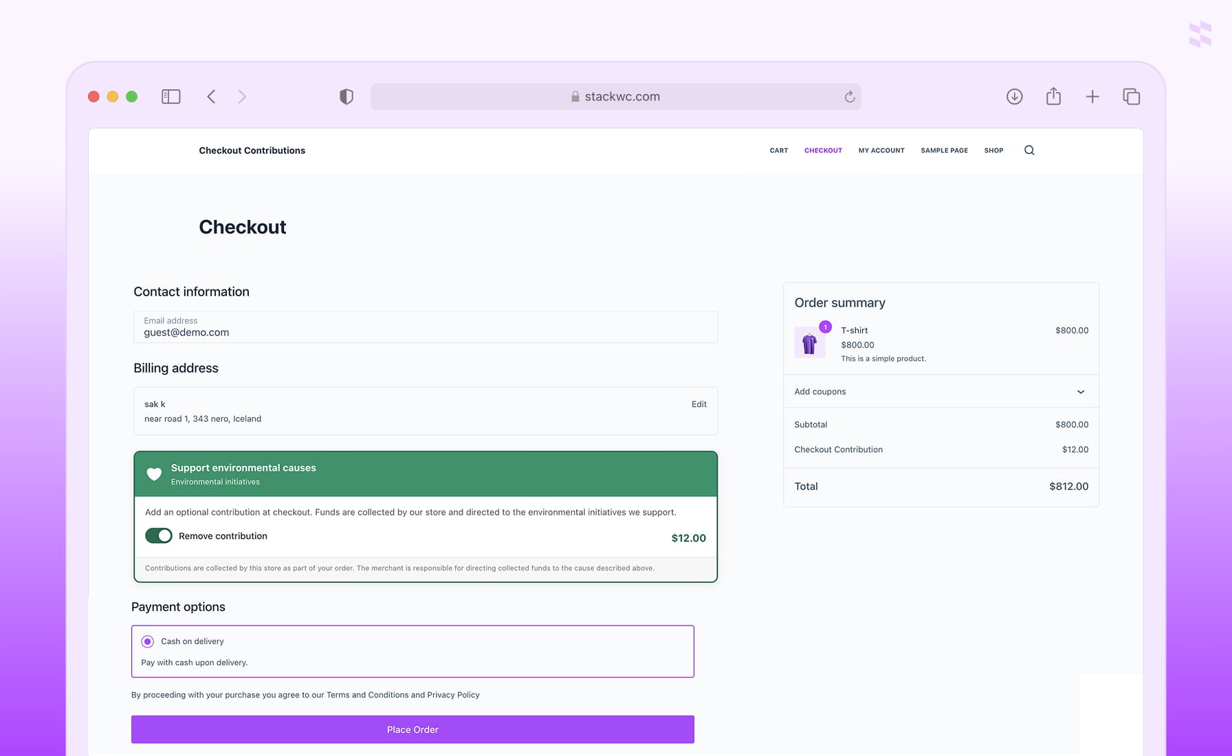 Allow customers to add optional contributions during checkout with real-time order total updates.