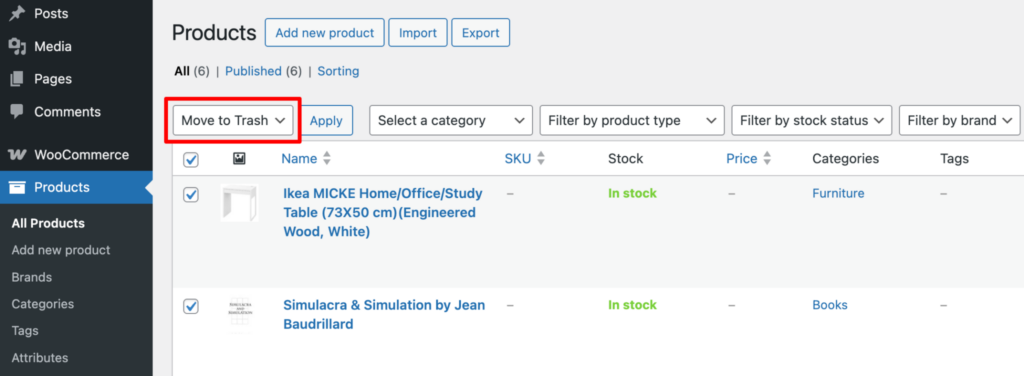 From the Bulk Actions dropdown, choose "Move to Trash" and click Apply.